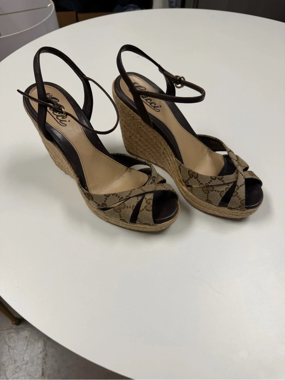 Gucci Beige/Brown Monogram Espadrille Wedge Sandals